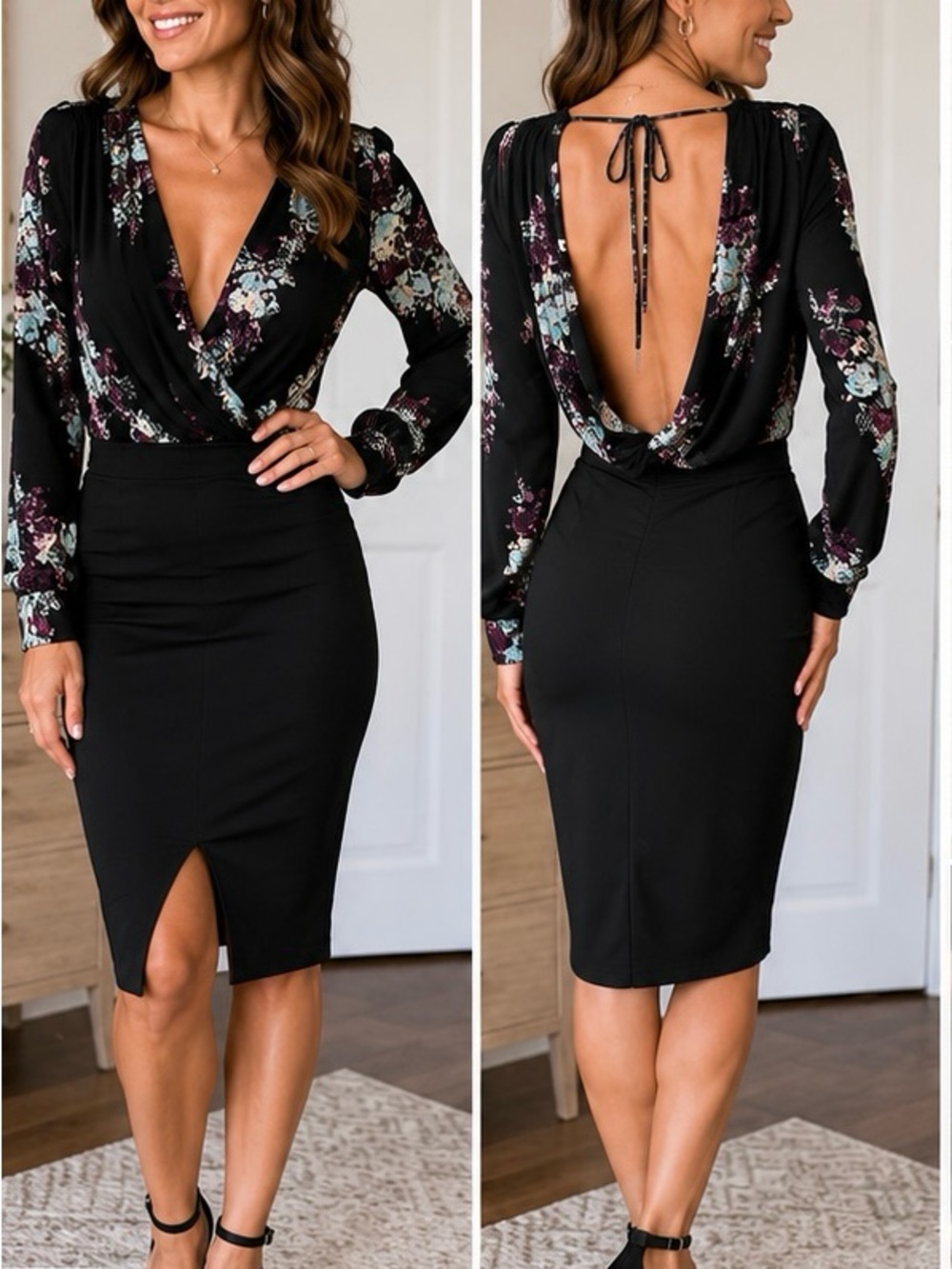 BCBGeneration Floral Surplice Bodysuit Blouse Open Back Size L